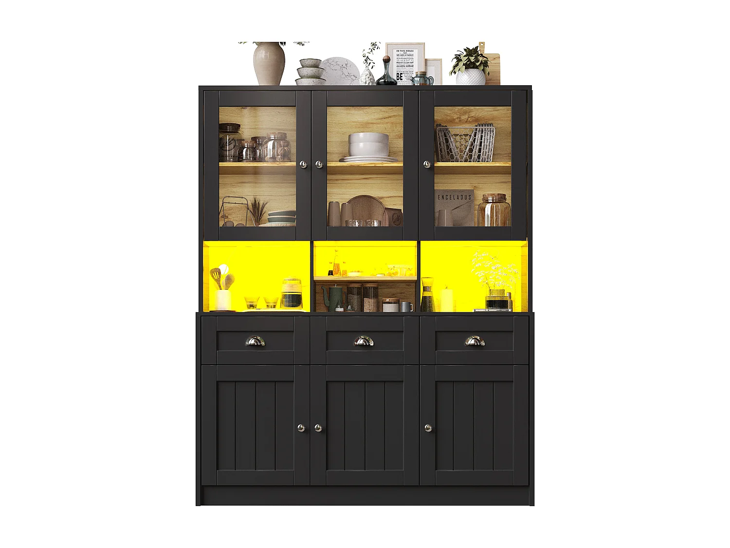 Buffet de cuisine moderne avec éclairage LED réglable, MDF, blanc/noir, étagères ajustables (140x40x175cm)