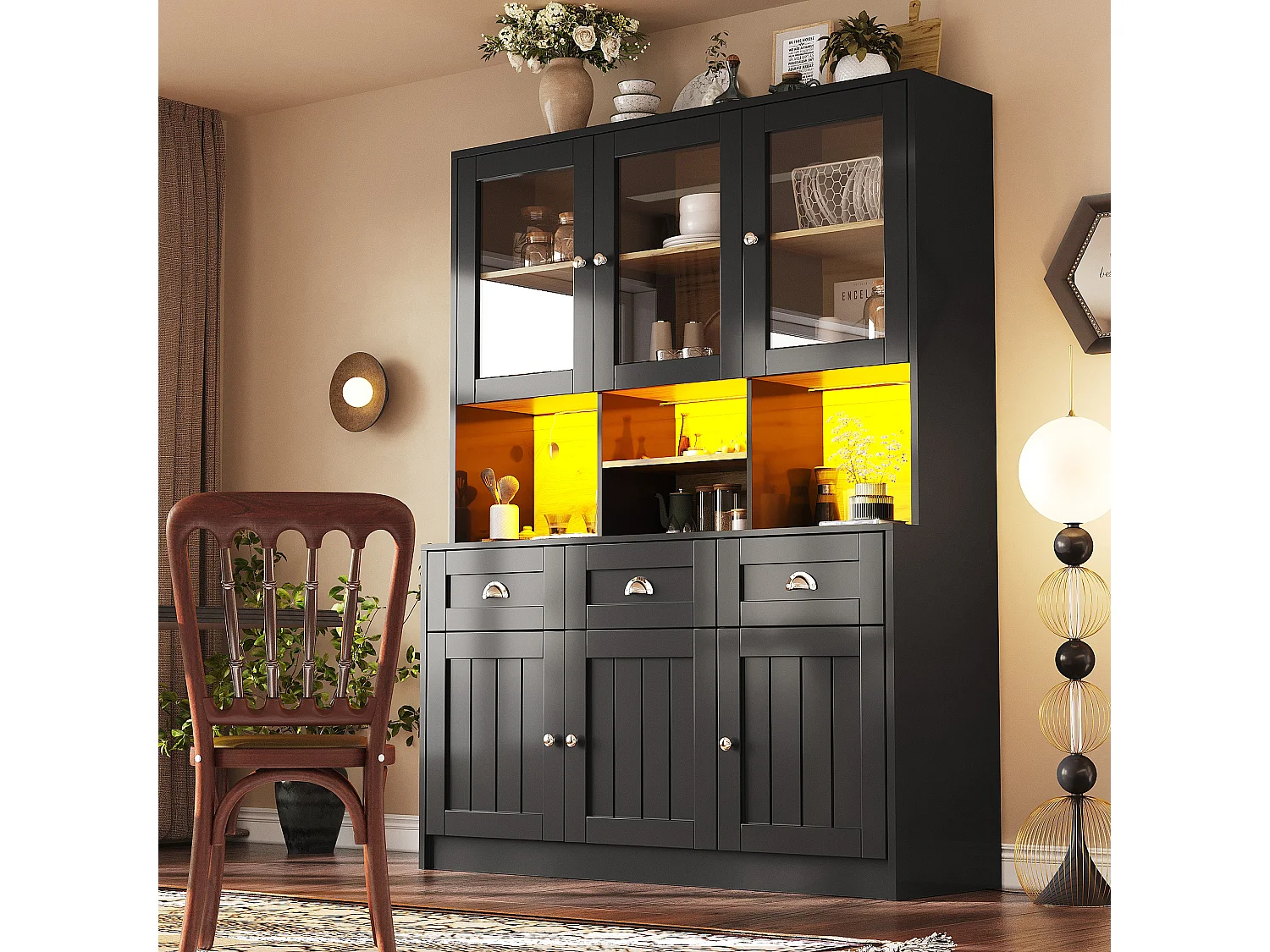 Buffet de cuisine moderne avec éclairage LED réglable, MDF, blanc/noir, étagères ajustables (140x40x175cm)