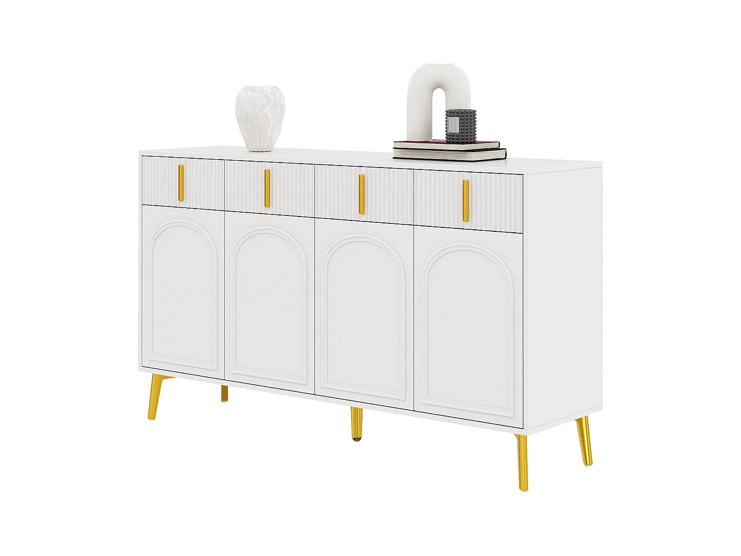 Buffet design avec poignées et pieds dorés, 4 portes et 4 tiroirs, MDF, blanc (140x38x82 cm)