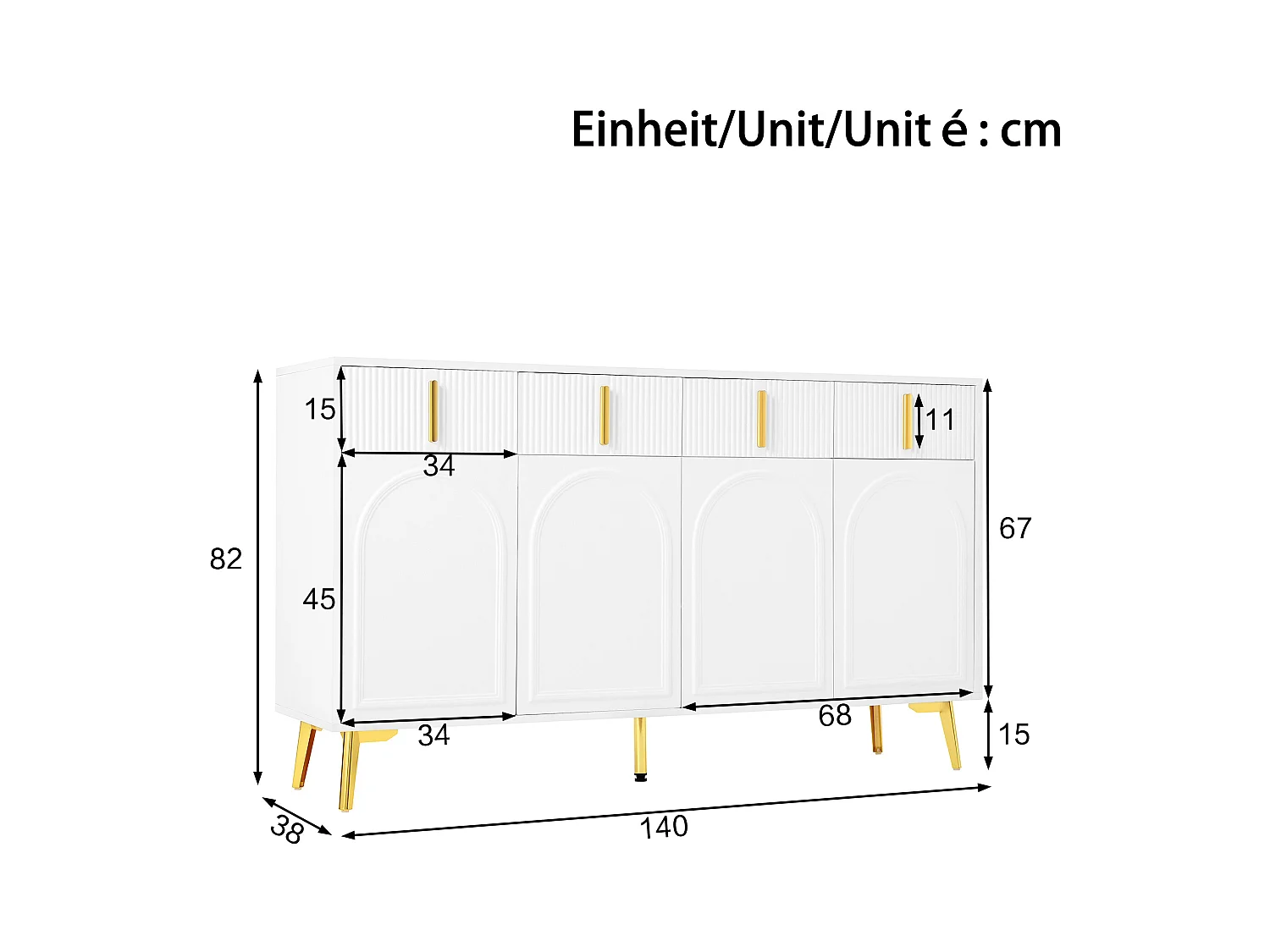 Buffet design avec poignées et pieds dorés, 4 portes et 4 tiroirs, MDF, blanc (140x38x82 cm)