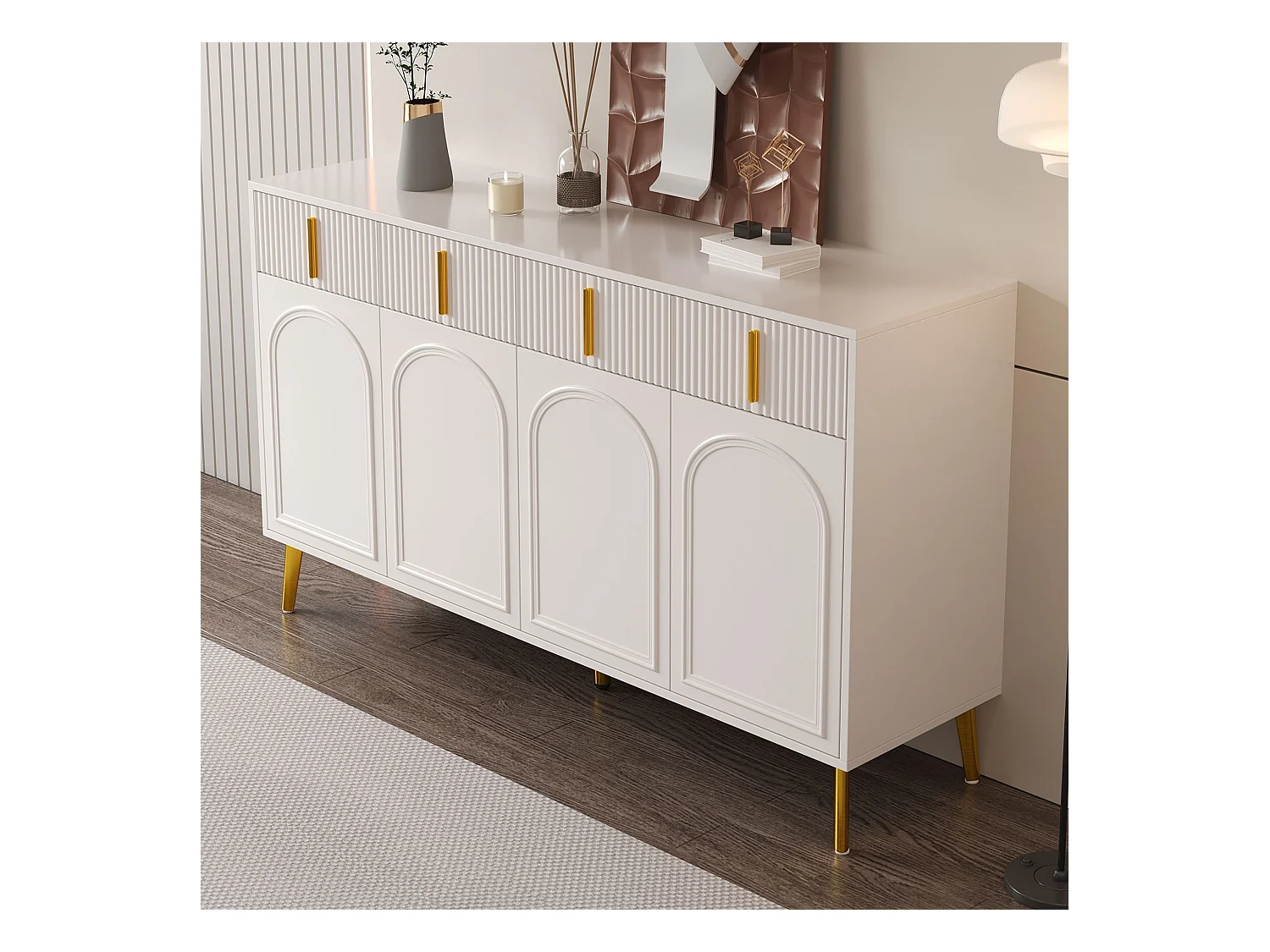 Buffet design avec poignées et pieds dorés, 4 portes et 4 tiroirs, MDF, blanc (140x38x82 cm)