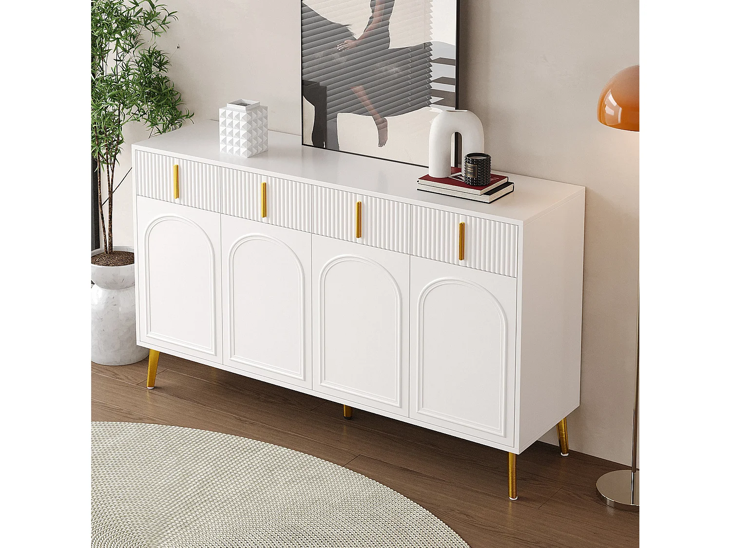 Buffet design avec poignées et pieds dorés, 4 portes et 4 tiroirs, MDF, blanc (140x38x82 cm)
