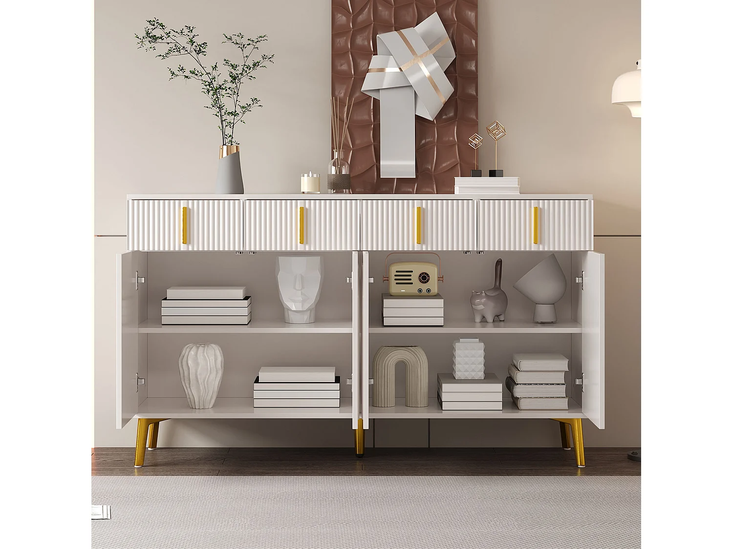 Buffet design avec poignées et pieds dorés, 4 portes et 4 tiroirs, MDF, blanc (140x38x82 cm)