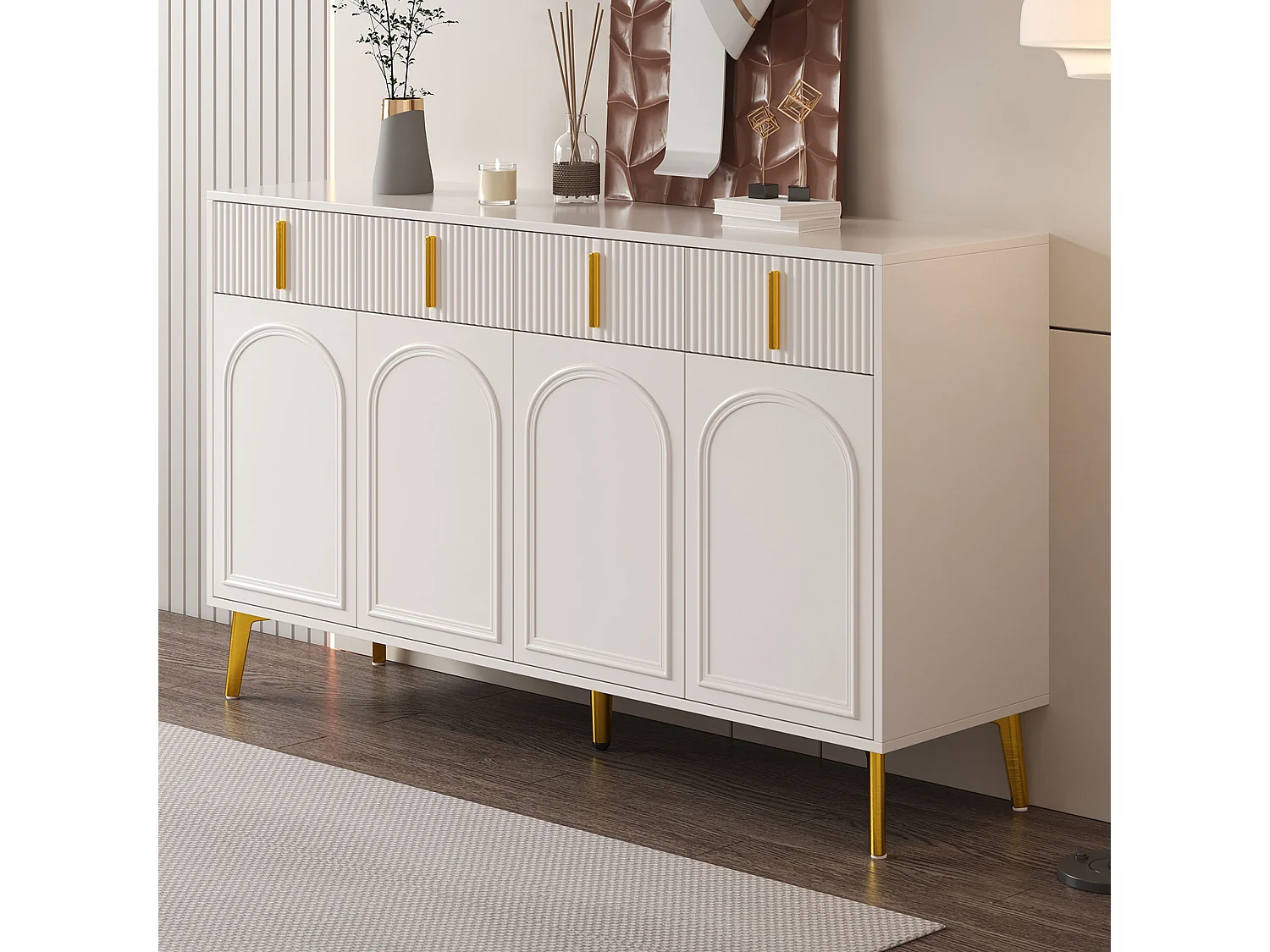 Buffet design avec poignées et pieds dorés, 4 portes et 4 tiroirs, MDF, blanc (140x38x82 cm)