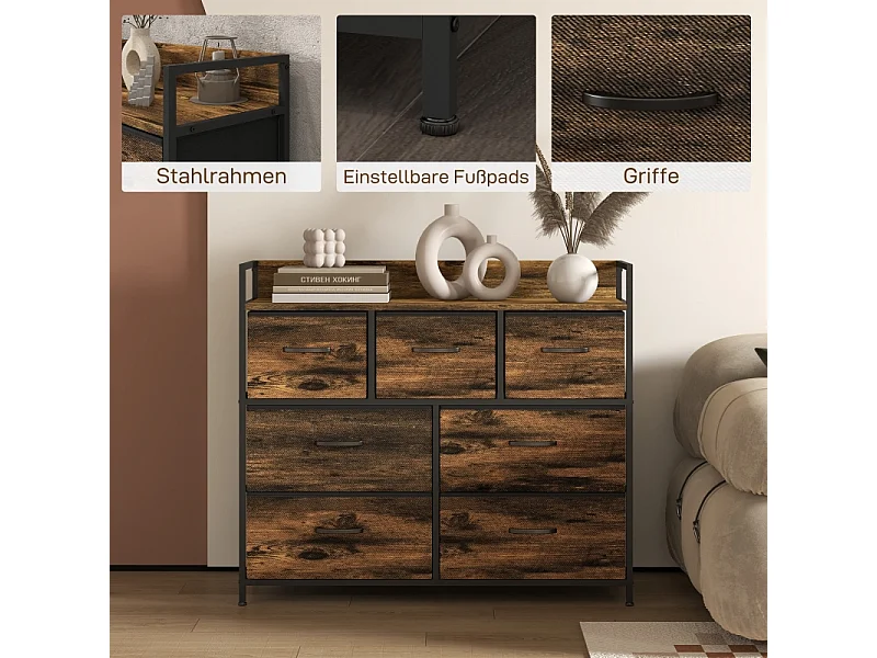 Commode avec 7 tiroirs en tissu, design anti-basculant, MDF, marron (98x29x85 cm)