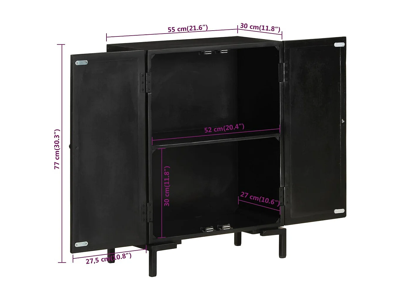 Buffet noir 55x30x77 cm bois massif de manguier et fer