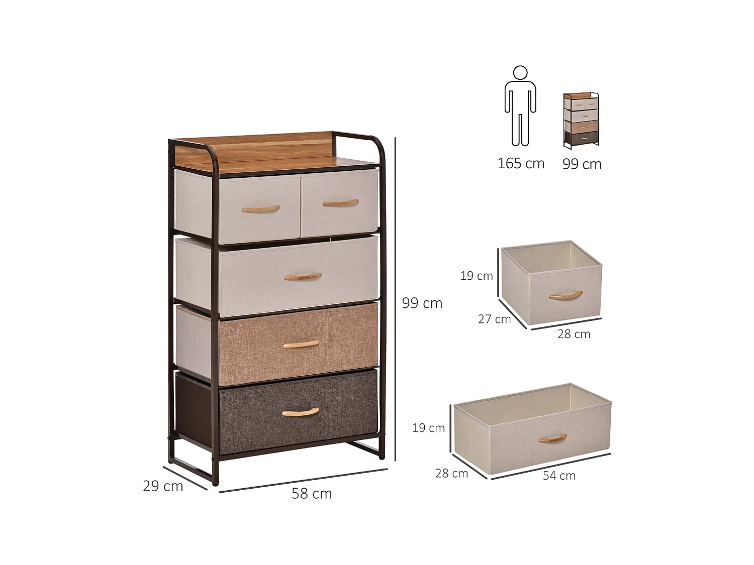 Commode avec 5 tiroirs pliables en tissu, design moderne, lin et métal, marron (58x29x99 cm)