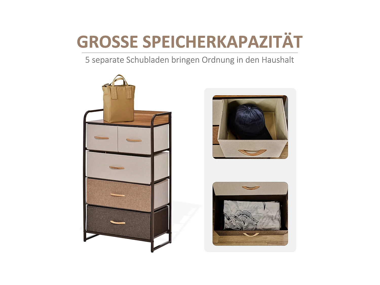 Commode avec 5 tiroirs pliables en tissu, design moderne, lin et métal, marron (58x29x99 cm)