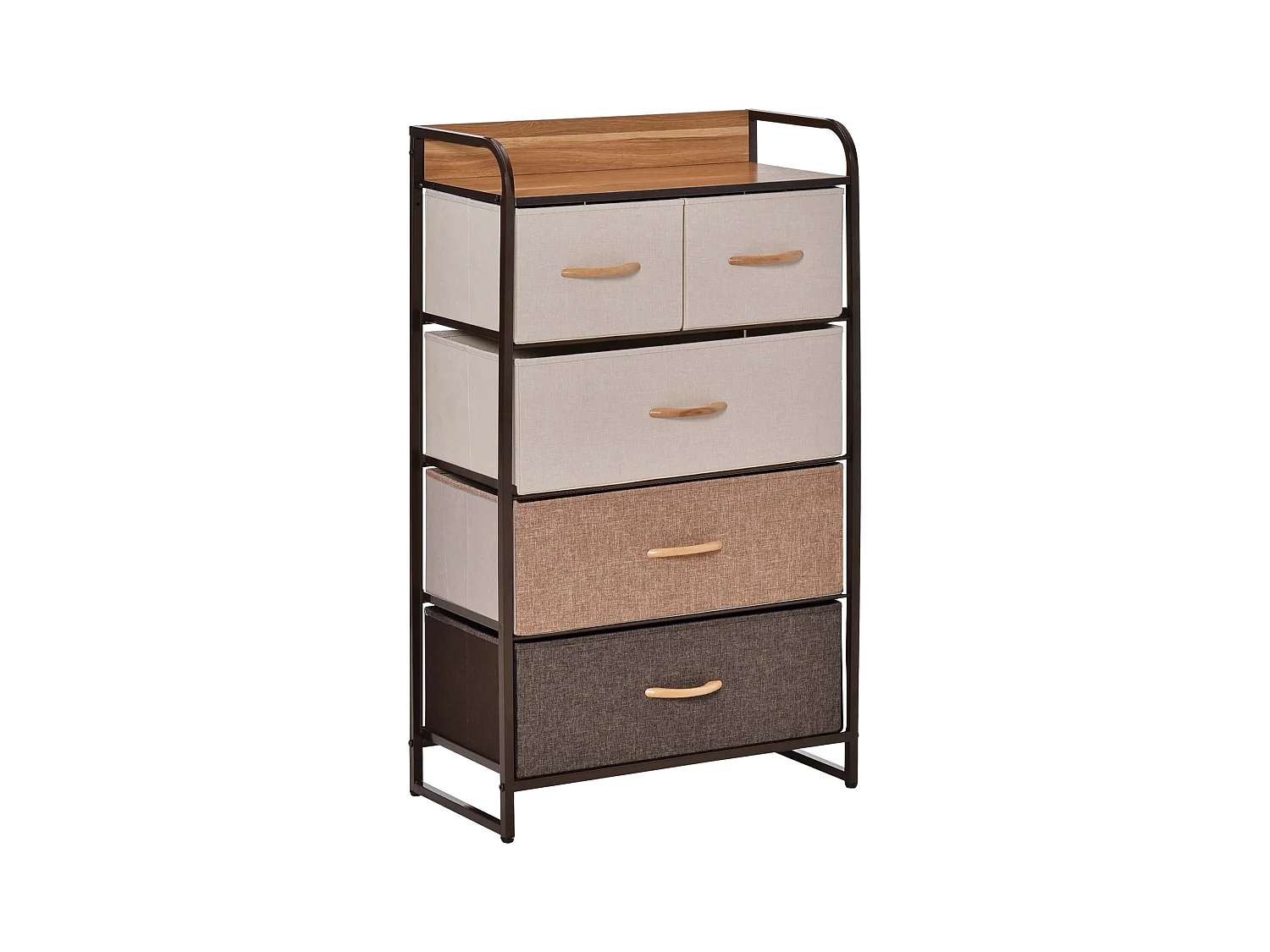Cassettiera con 5 cassetti pieghevoli in tessuto, design moderno, lino e metallo, marrone (58x29x99 cm)
