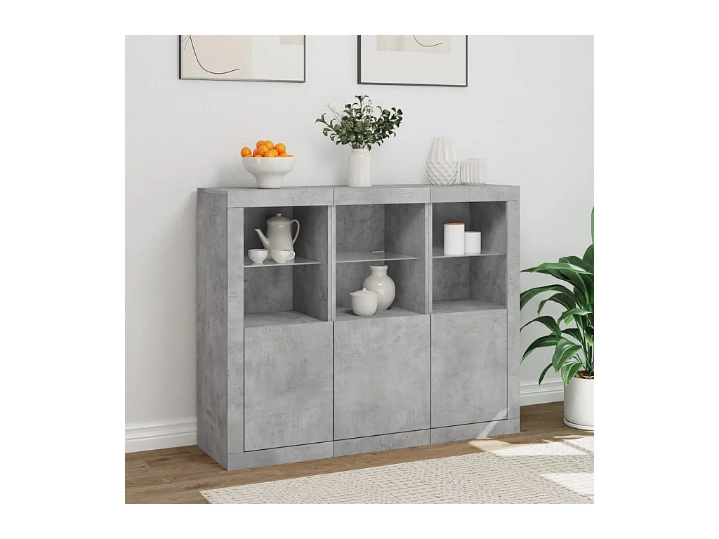 Buffets avec lumières LED 3 pcs gris béton bois d'ingénierie
