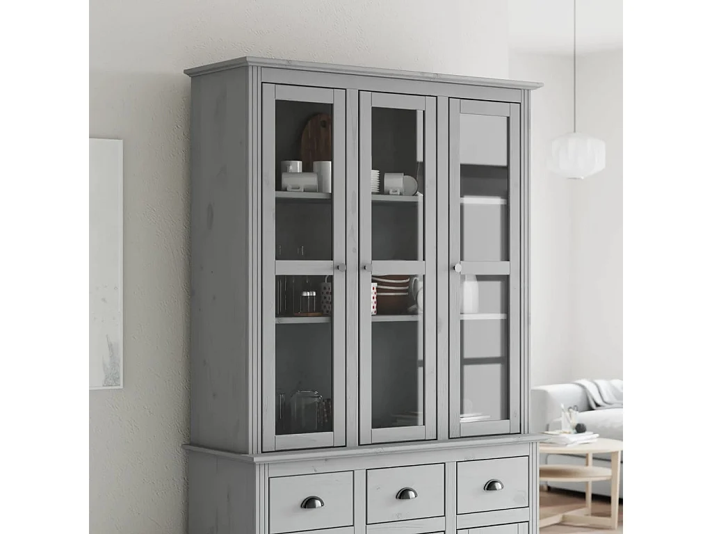 Armoire avec portes vitrées BODO gris bois de pin massif