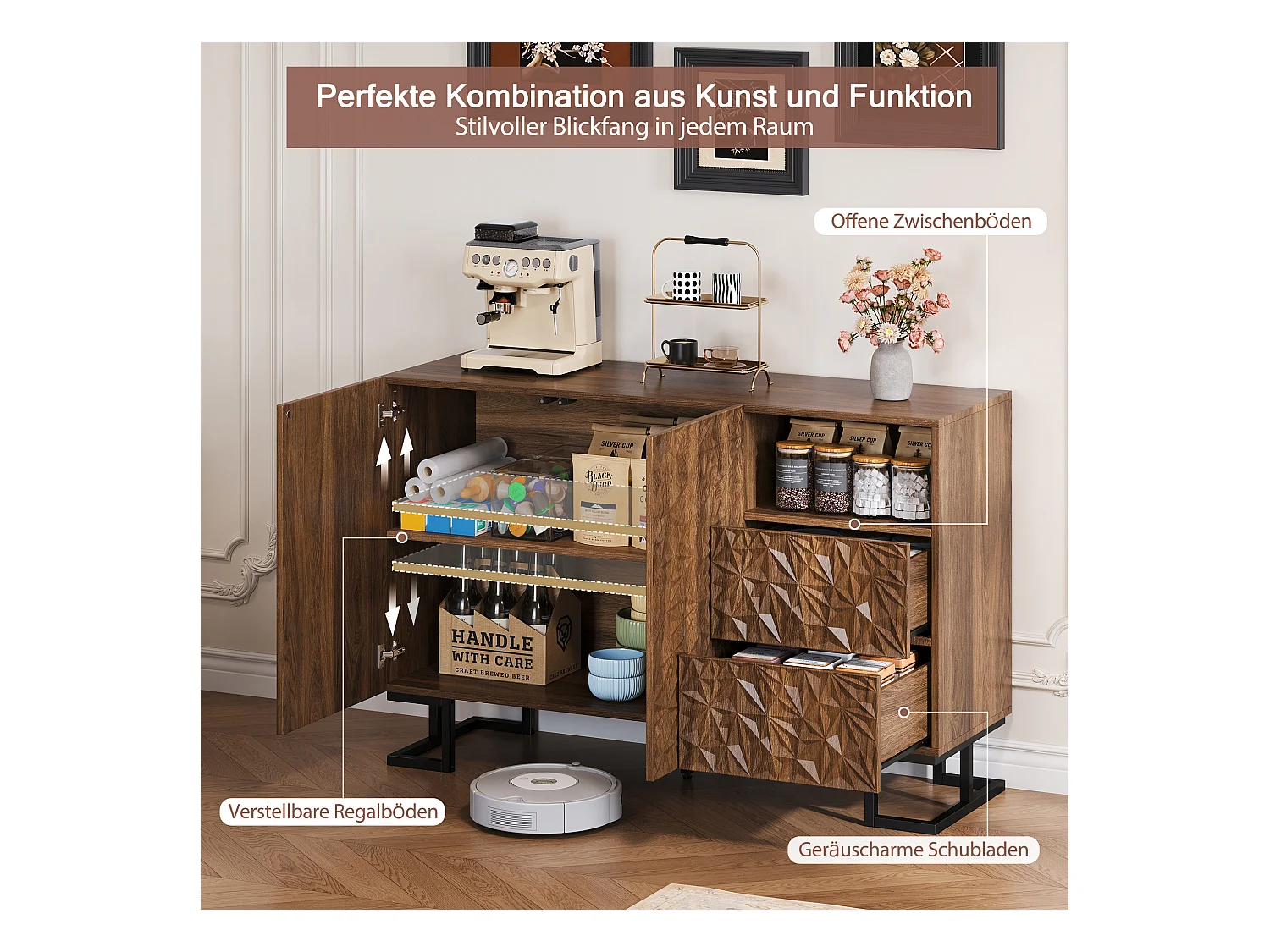 Buffet de rangement avec relief de feuilles, MDF, noyer foncé, 2 portes et 2 tiroirs (120x40x78.5cm)