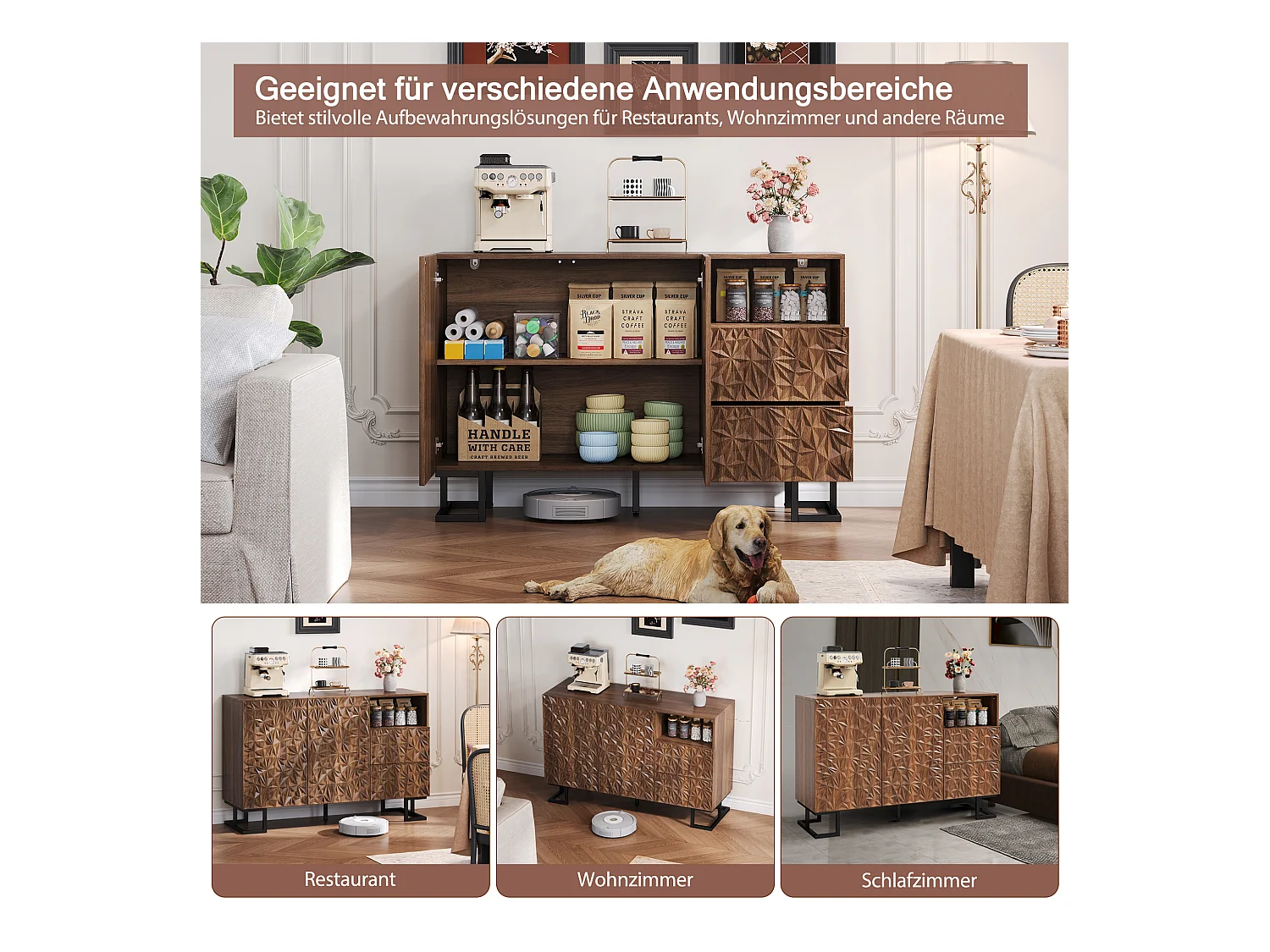 Buffet de rangement avec relief de feuilles, MDF, noyer foncé, 2 portes et 2 tiroirs (120x40x78.5cm)