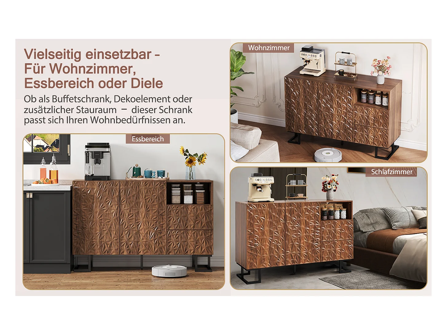 Buffet de rangement avec relief de feuilles, MDF, noyer foncé, 2 portes et 2 tiroirs (120x40x78.5cm)