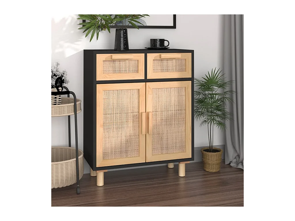 Buffet Noir 60x30x75 cm Bois de pin massif et rotin naturel
