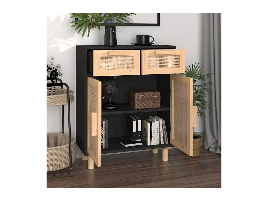 Buffet Noir 60x30x75 cm Bois de pin massif et rotin naturel