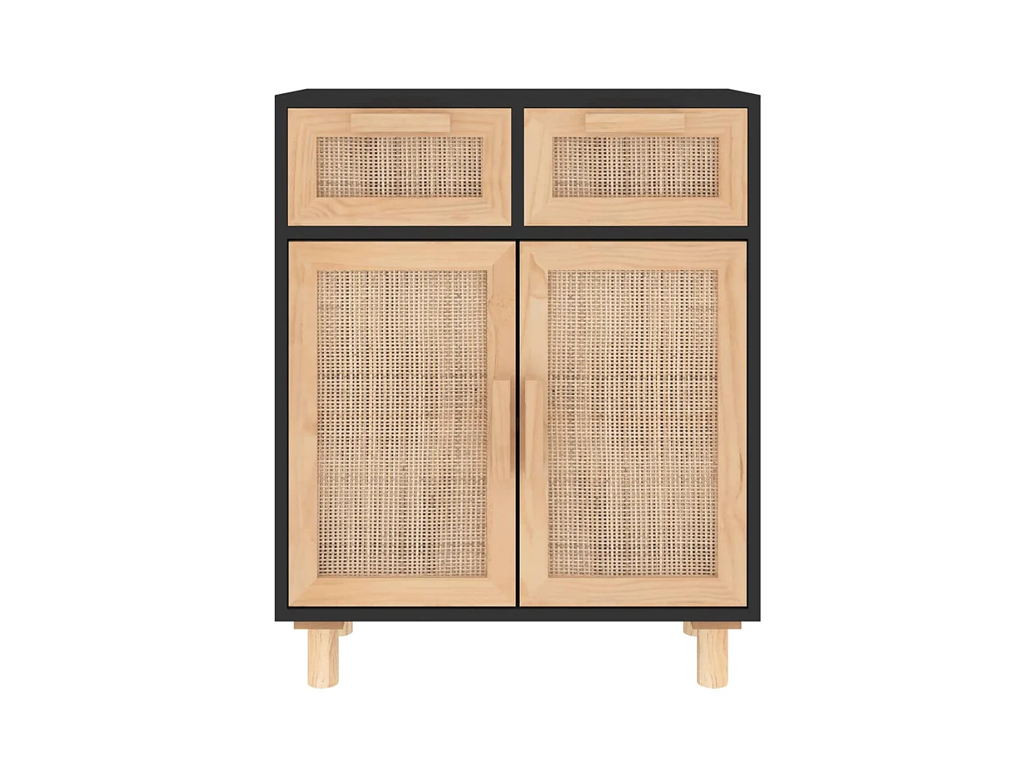 Buffet Noir 60x30x75 cm Bois de pin massif et rotin naturel