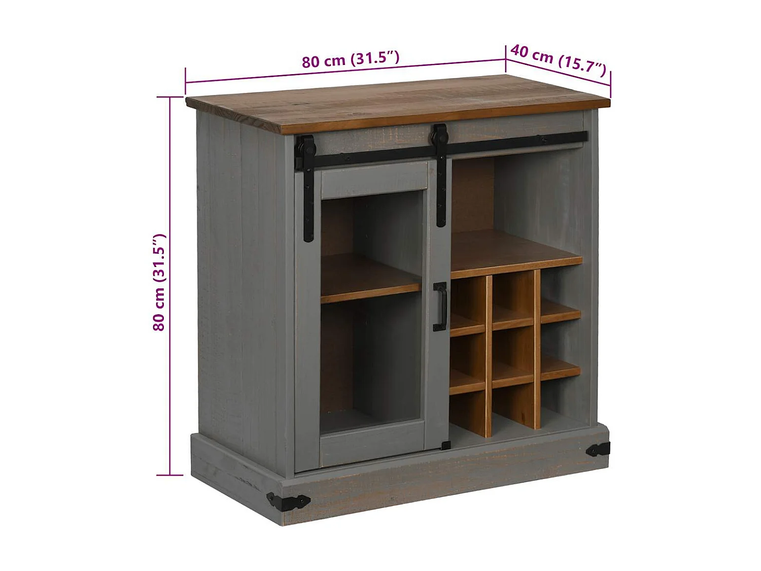 Buffet HALDEN porte coulissante gris 80x40x80 cm bois massif