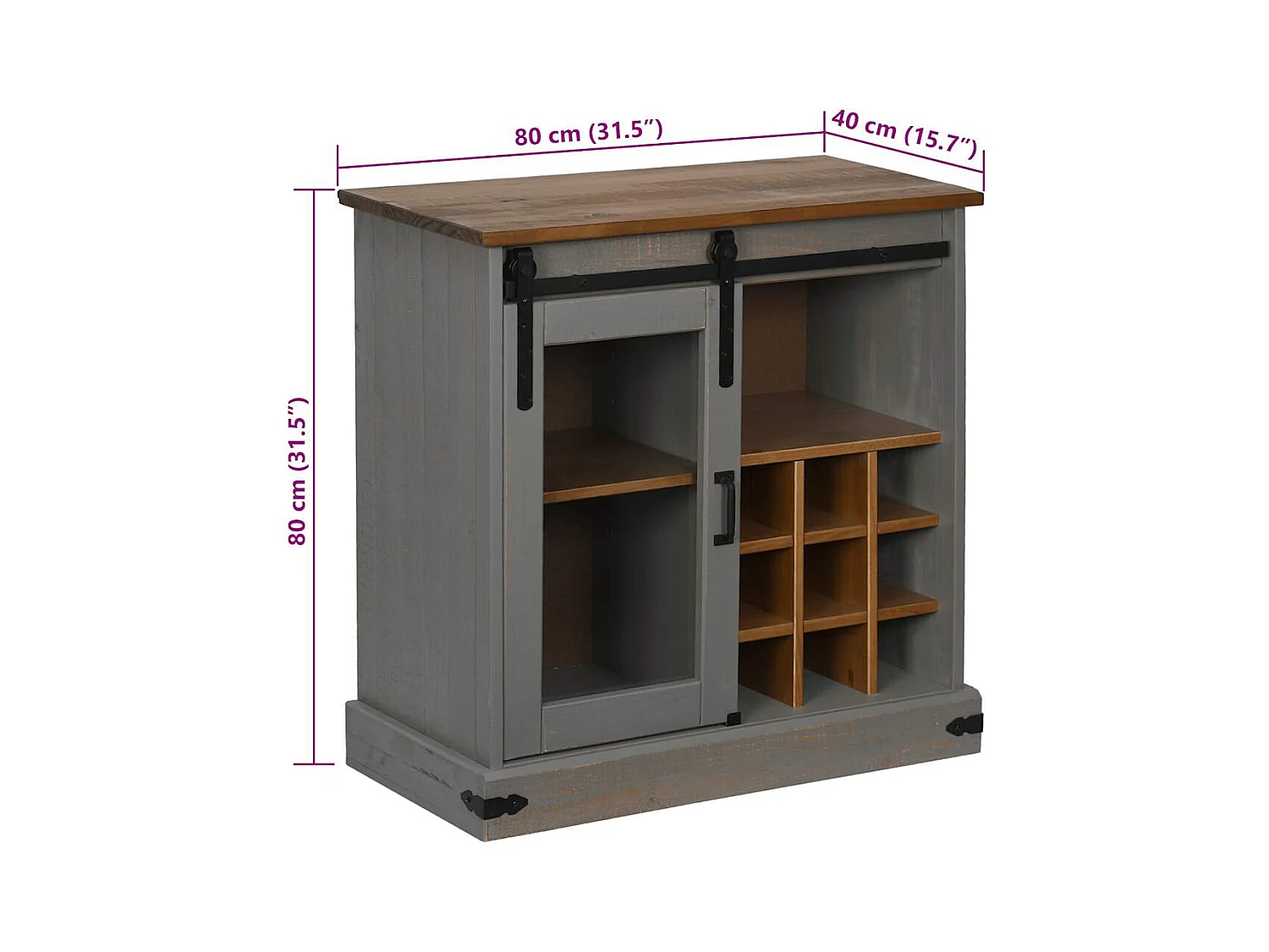 Buffet HALDEN porte coulissante gris 80x40x80 cm bois massif