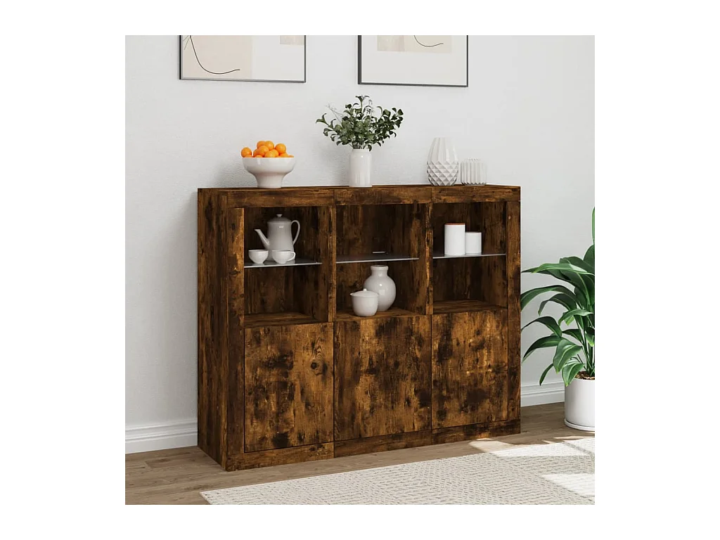 Buffets avec lumières LED 3 pcs chêne fumé bois d'ingénierie