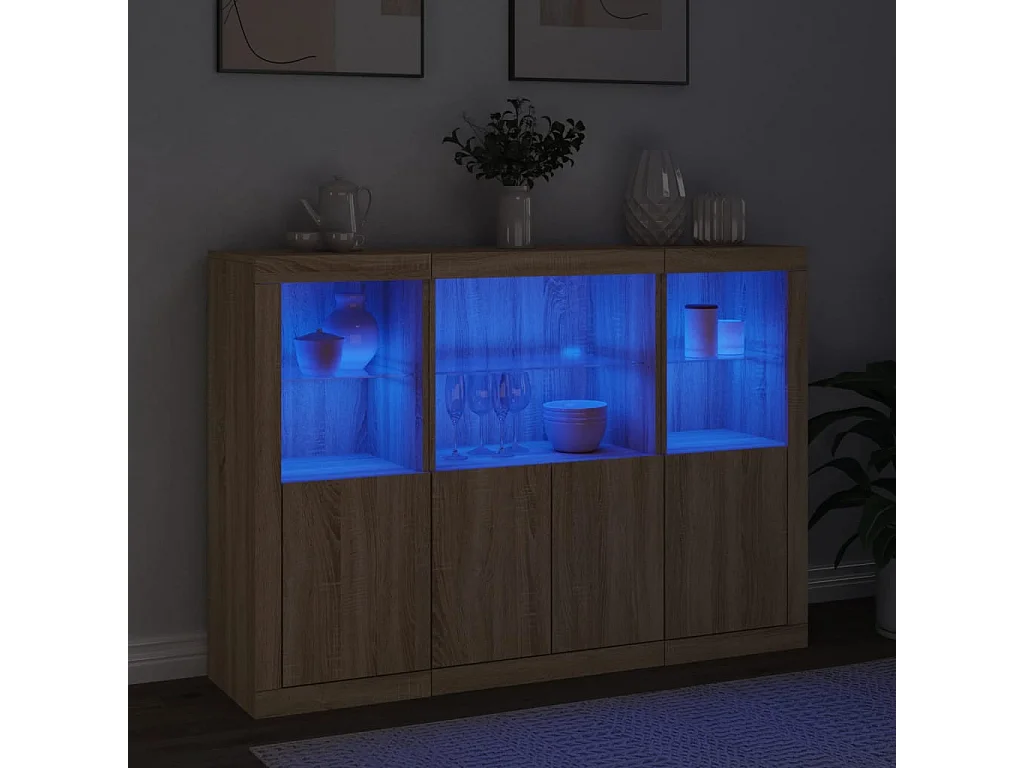 Credenze con luci a LED 3 pezzi in legno ingegnerizzato rovere Sonoma