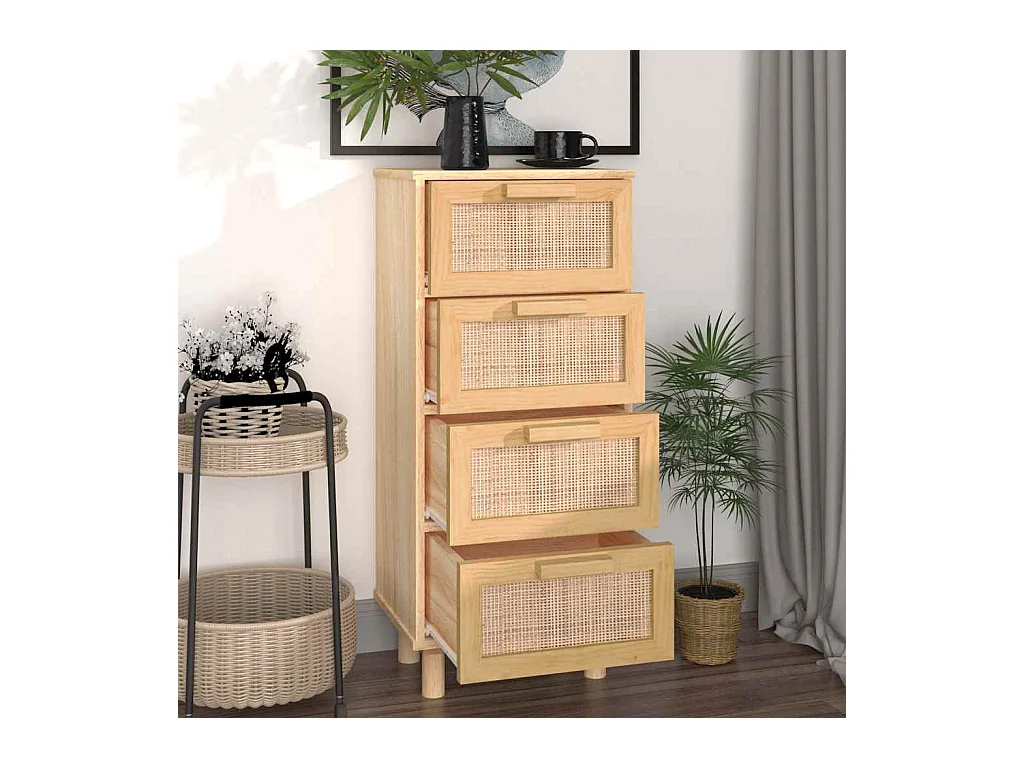 Braunes Sideboard 40x30x90 cm Massives Kiefernholz und natürliches Rattan