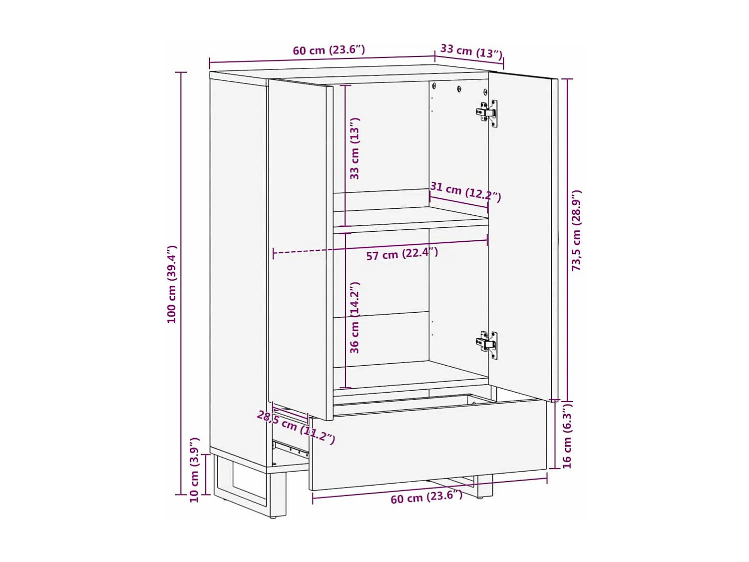 Credenza 60x33,5x100 cm in legno massello di mango
