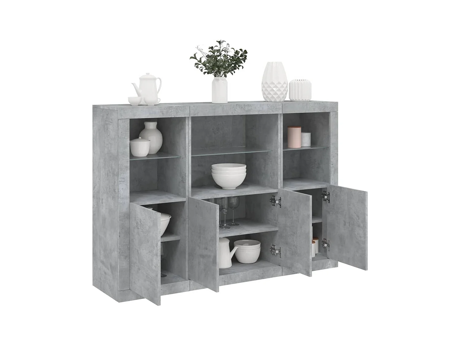 Buffets avec lumières LED 3 pcs gris béton bois d'ingénierie