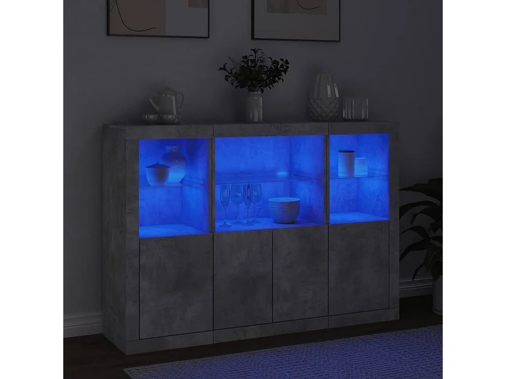 Buffets avec lumières LED 3 pcs gris béton bois d'ingénierie