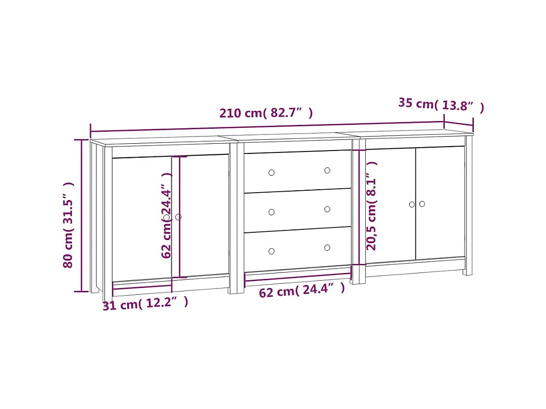 Buffet Blanc 210x35x80 cm Bois massif de pin
