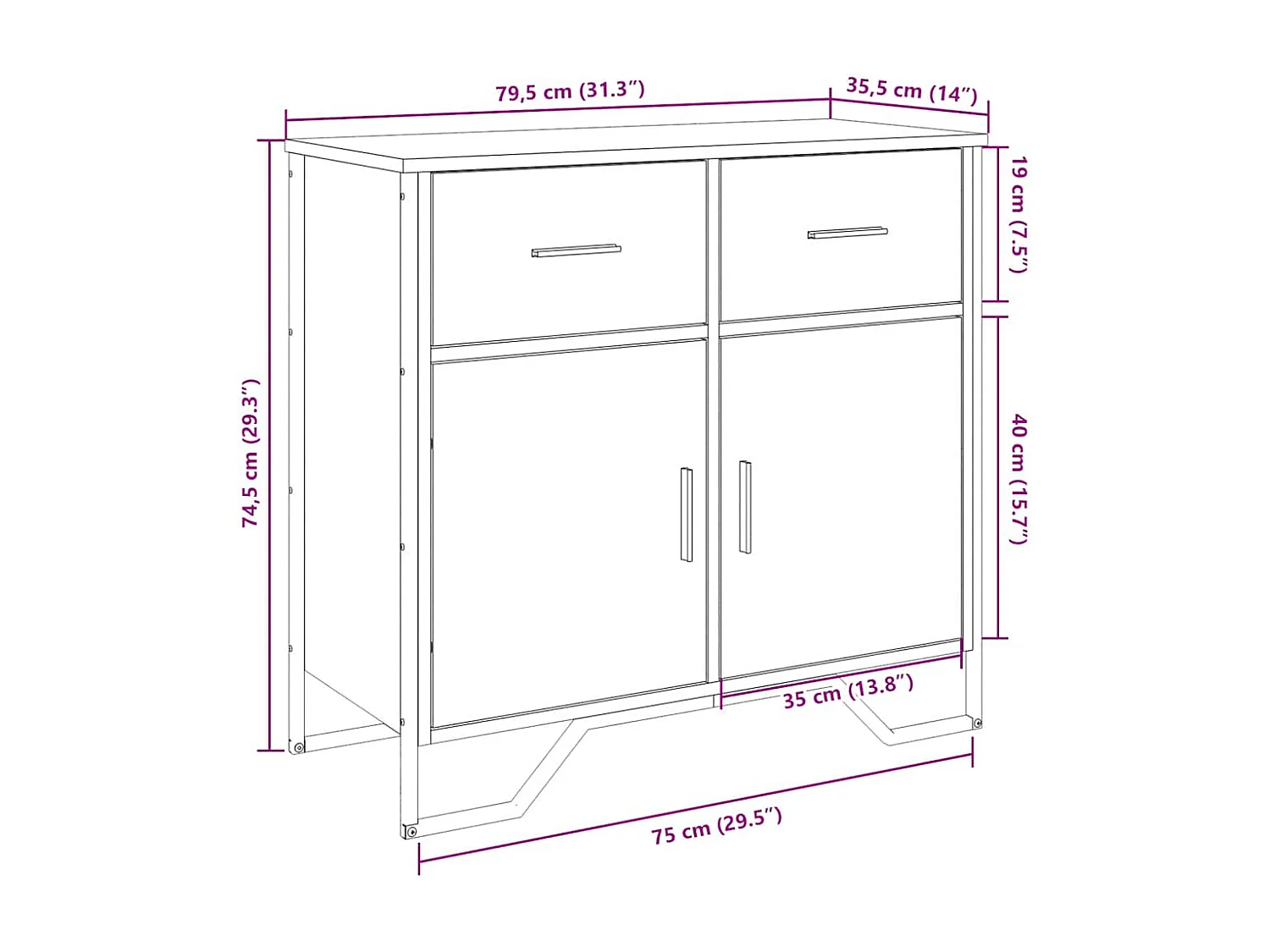 Sideboard aus brauner Eiche, 79,5 x 35,5 x 74,5 cm, Holzwerkstoff