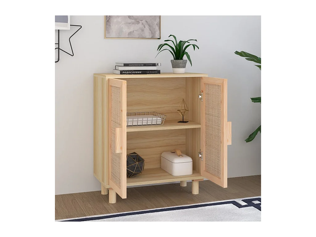 Braunes Sideboard 60x30x70 cm Massives Kiefernholz und natürliches Rattan