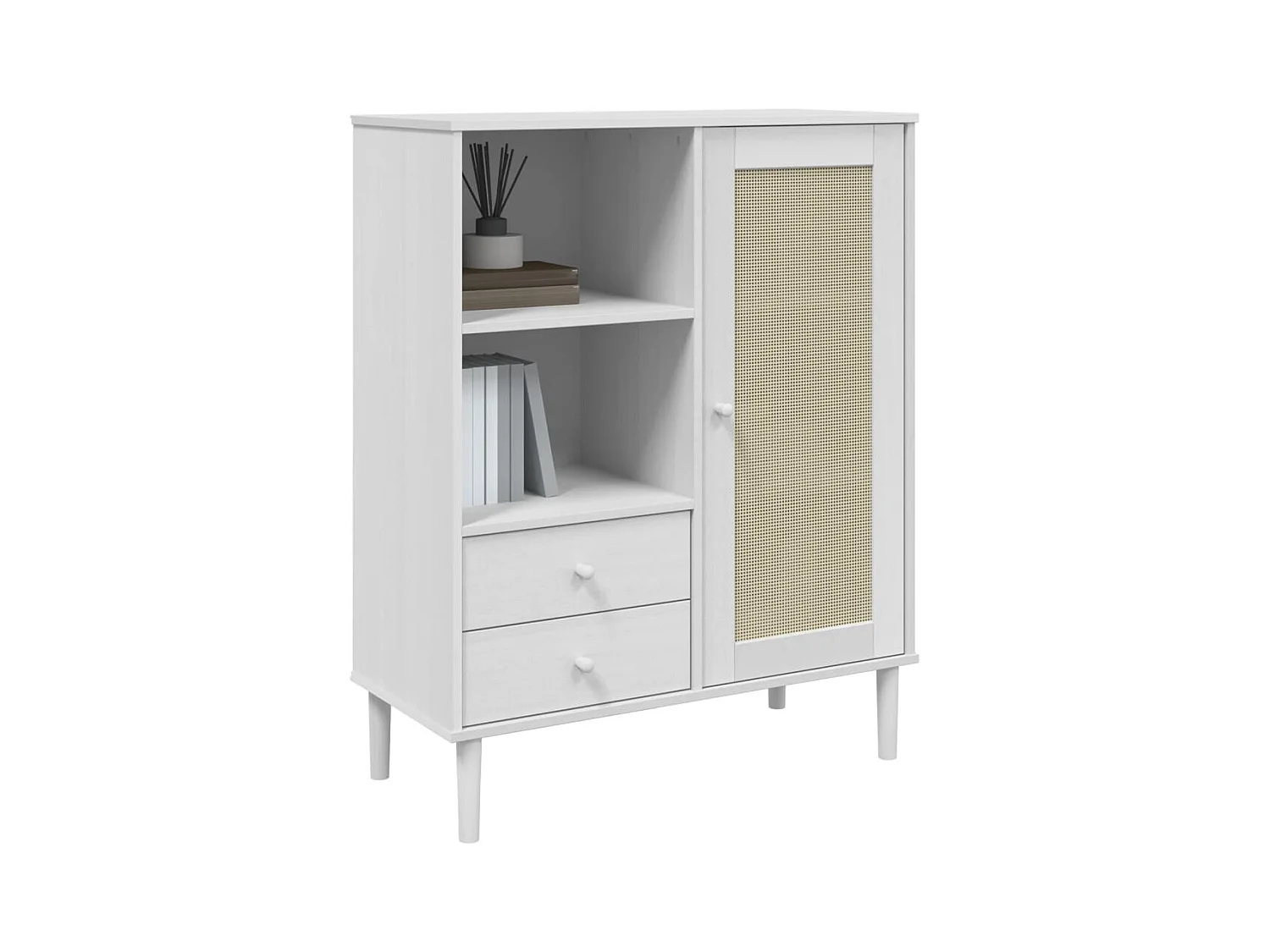 Buffet SENJA aspect rotin blanc 90x40x112cm bois massif de pin