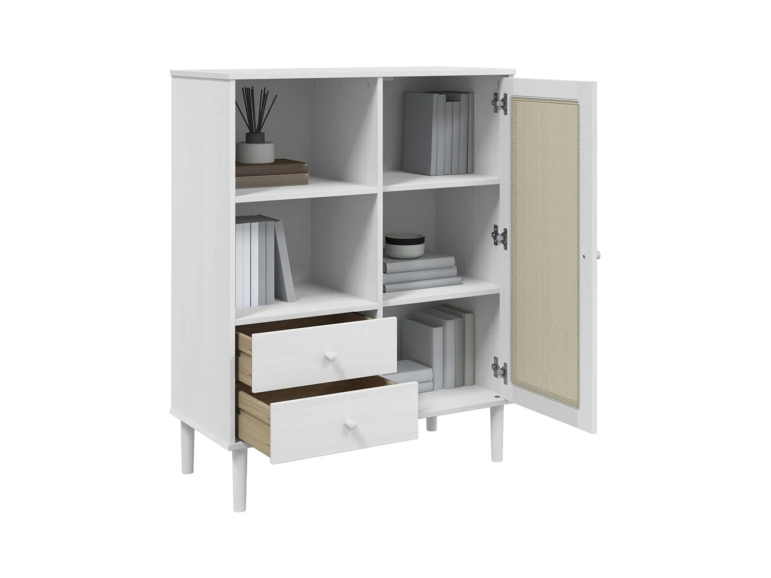 Buffet SENJA aspect rotin blanc 90x40x112cm bois massif de pin