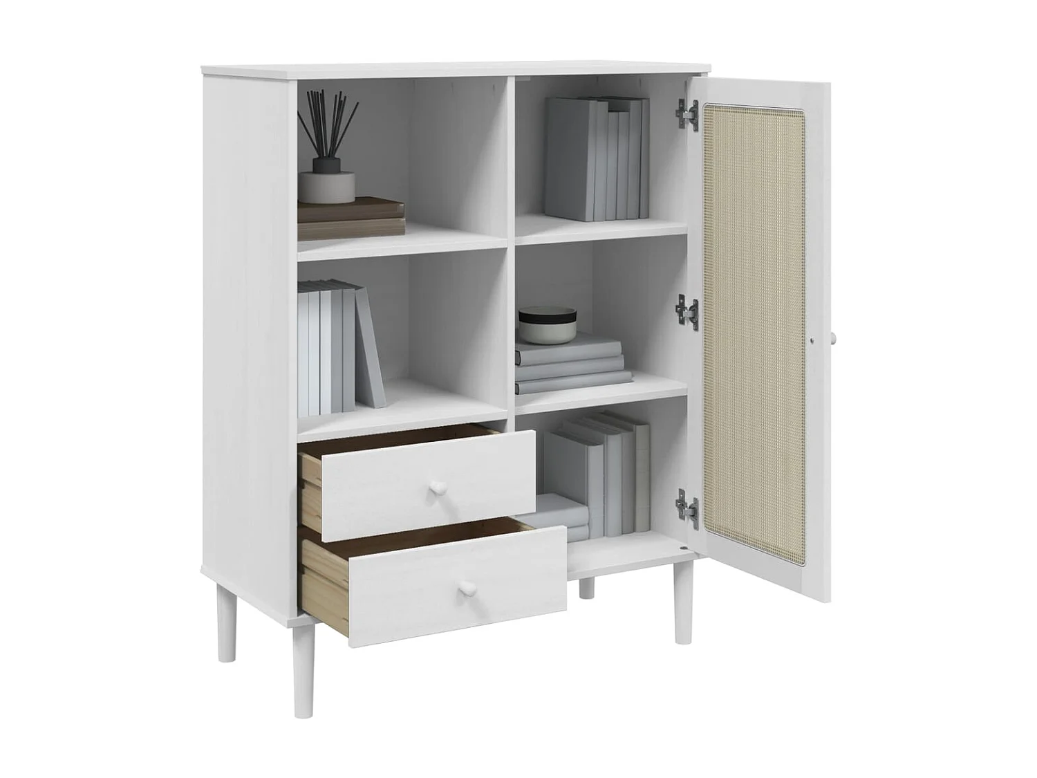 Buffet SENJA aspect rotin blanc 90x40x112cm bois massif de pin
