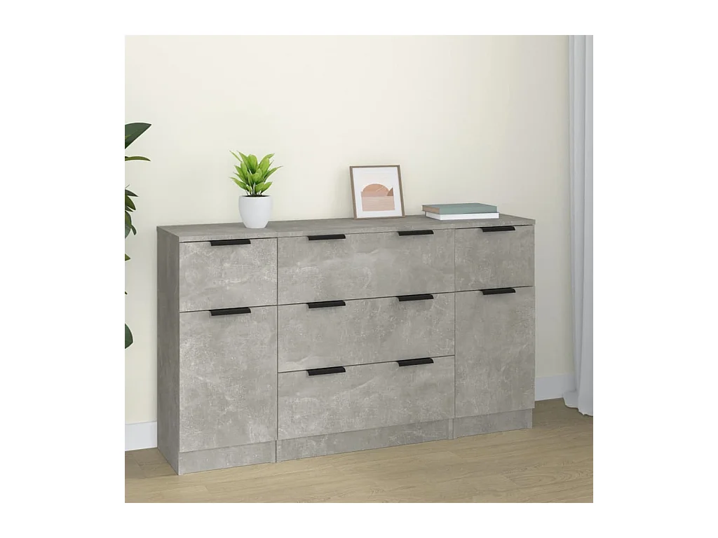 Set di credenze da 3 pezzi in legno ingegnerizzato grigio cemento