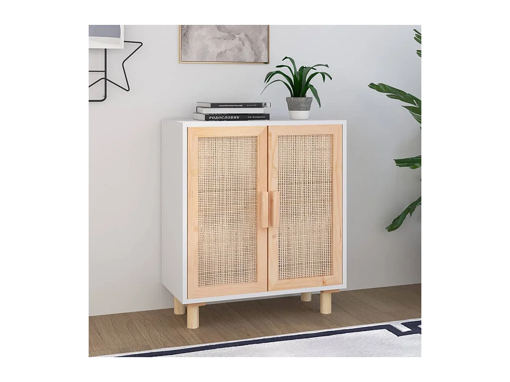 Buffet Blanc 60x30x70 cm Bois de pin massif et rotin naturel