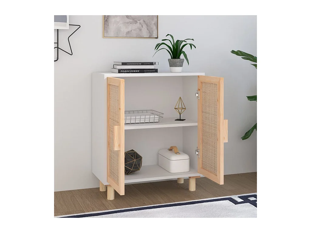 Buffet Blanc 60x30x70 cm Bois de pin massif et rotin naturel