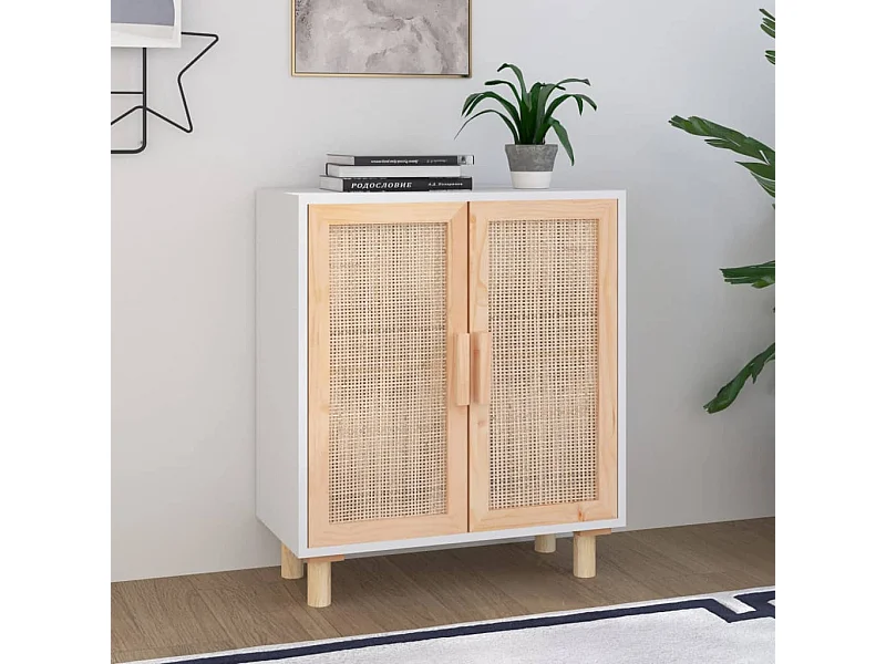Buffet Blanc 60x30x70 cm Bois de pin massif et rotin naturel