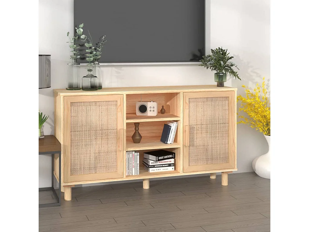 Buffet Marron 105x30x60 cm Bois de pin massif et rotin naturel