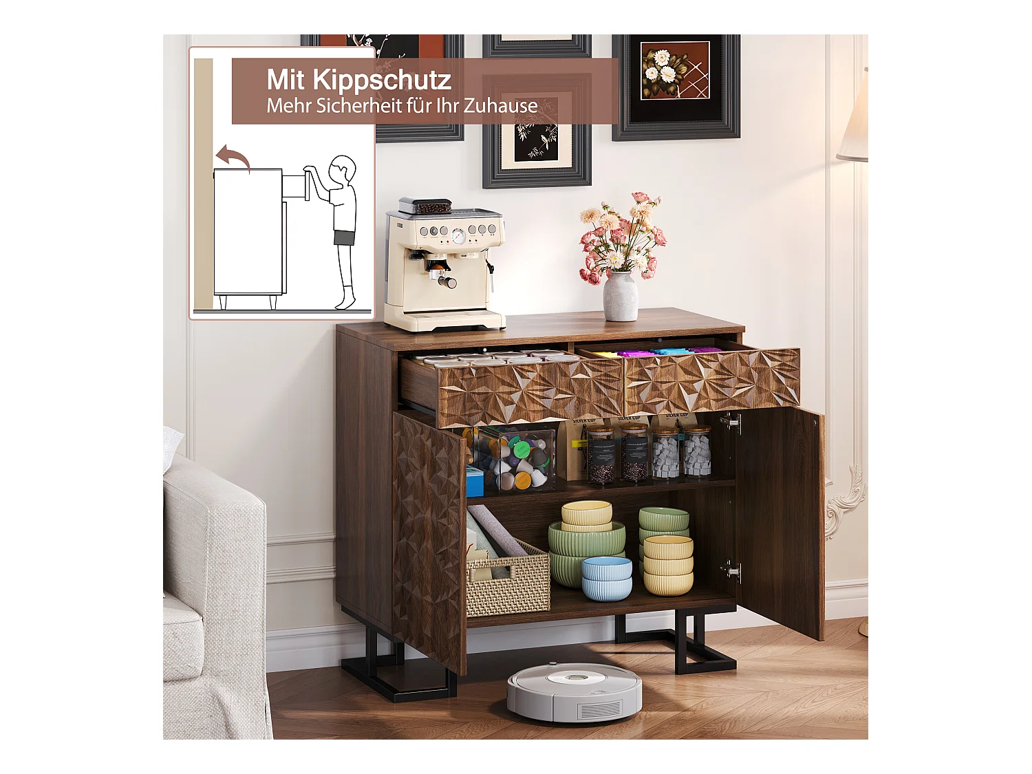 Buffet de salle à manger avec relief de feuilles, design sans poignées, MDF, noyer foncé, 2 tiroirs et 2 portes (80x40x78cm)