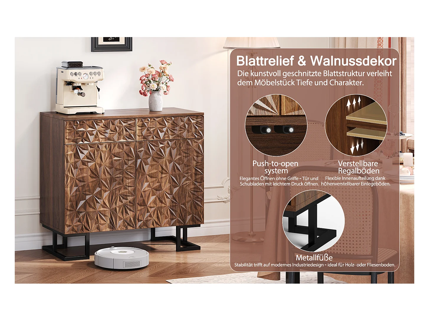 Buffet de salle à manger avec relief de feuilles, design sans poignées, MDF, noyer foncé, 2 tiroirs et 2 portes (80x40x78cm)