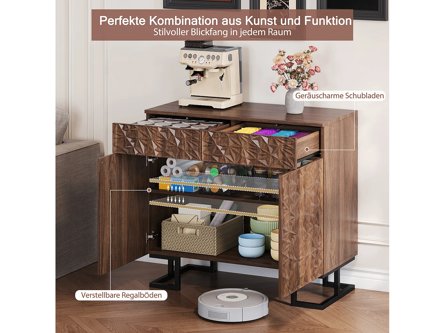 Buffet de salle à manger avec relief de feuilles, design sans poignées, MDF, noyer foncé, 2 tiroirs et 2 portes (80x40x78cm)