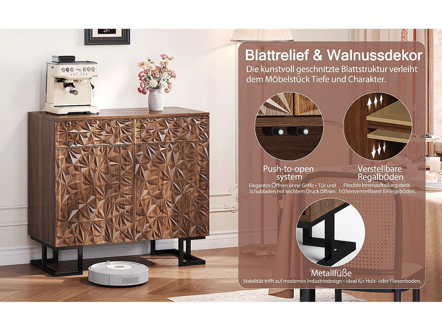 Buffet de salle à manger avec relief de feuilles, design sans poignées, MDF, noyer foncé, 2 tiroirs et 2 portes (80x40x78cm)