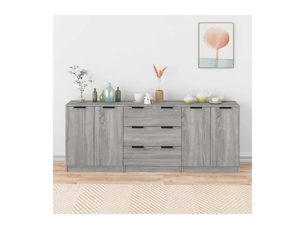 Set credenza 3 pezzi grigio Sonoma in legno ingegnerizzato