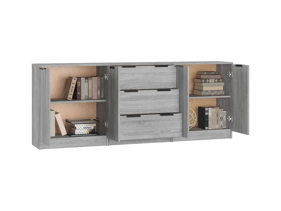 Set credenza 3 pezzi grigio Sonoma in legno ingegnerizzato