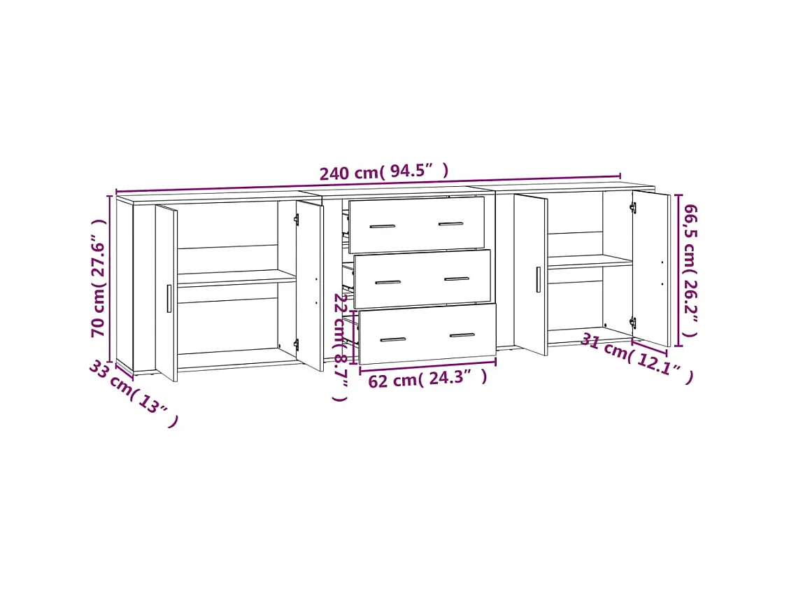 Buffets 3 pcs Blanc Bois d'ingénierie