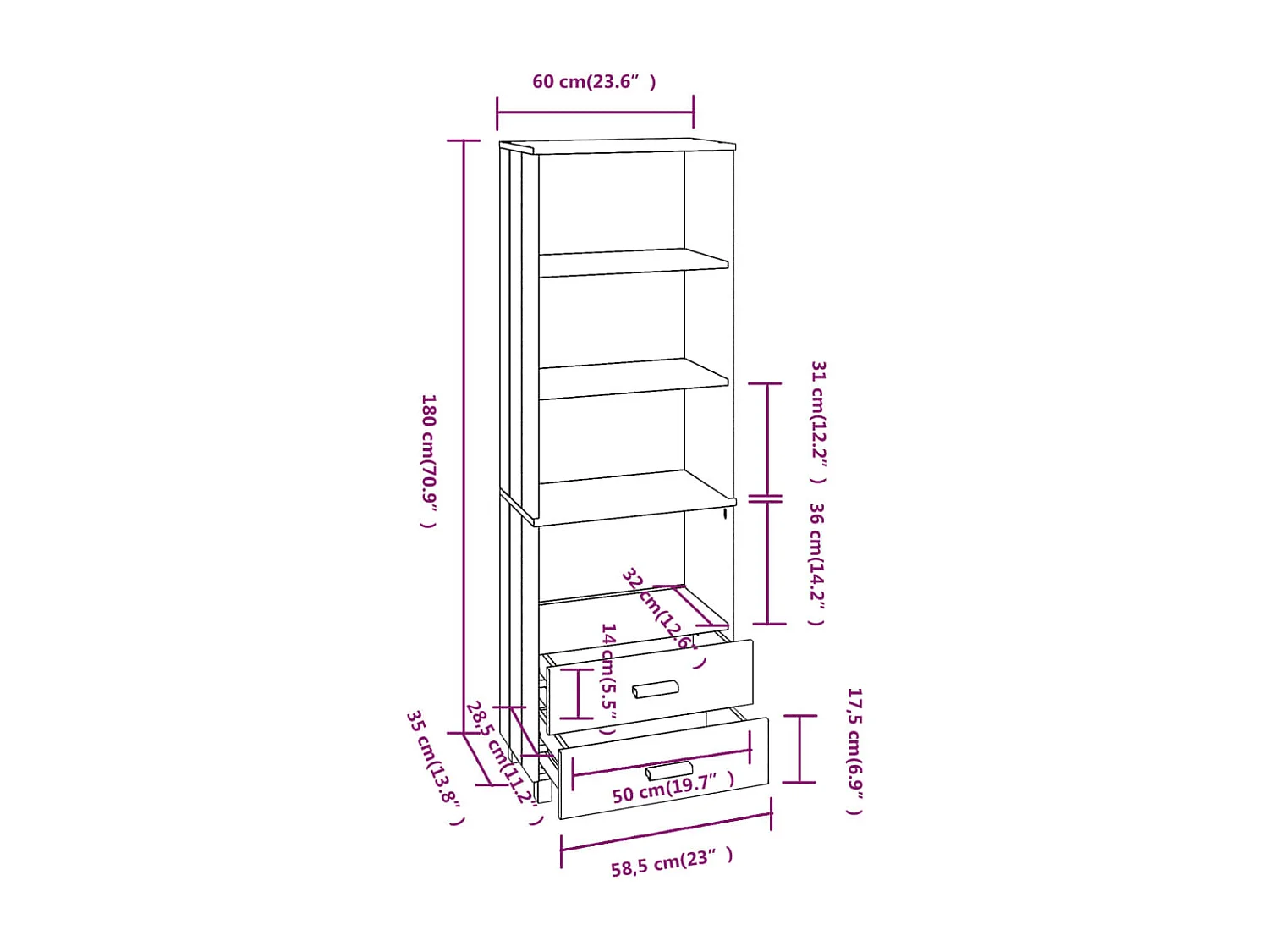 Buffet HAMAR Blanc 60x35x180 cm Bois de pin massif