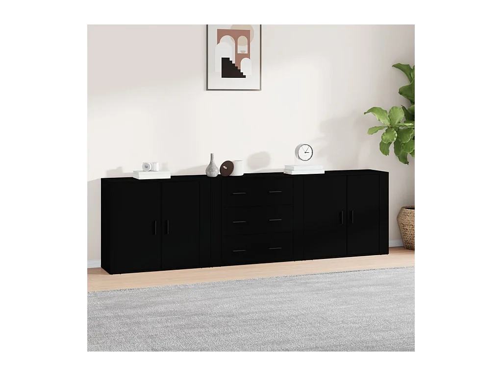 Buffets 3 pcs noir bois d'ingénierie