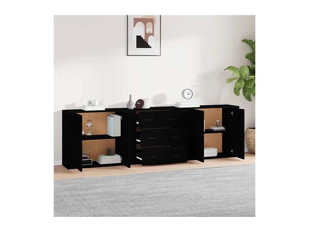 Buffets 3 pcs noir bois d'ingénierie